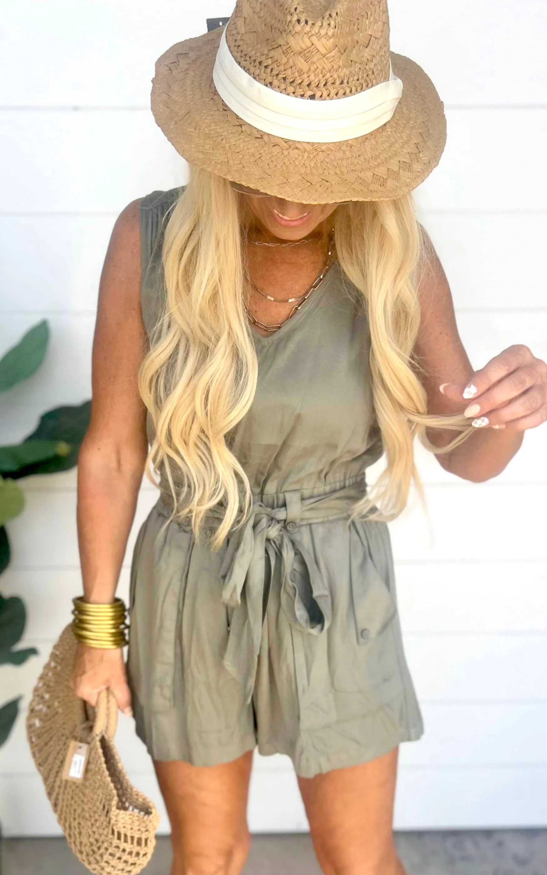 Olive Sleeveless V-Neck 3D Pocket Romper - Final Sale