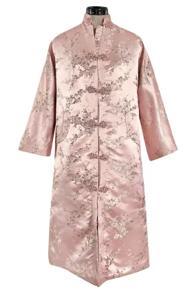 Prettiest 1960s Pink Silk Embroidered Asian Evening Coat w Top Stitched Cuffs & Collar