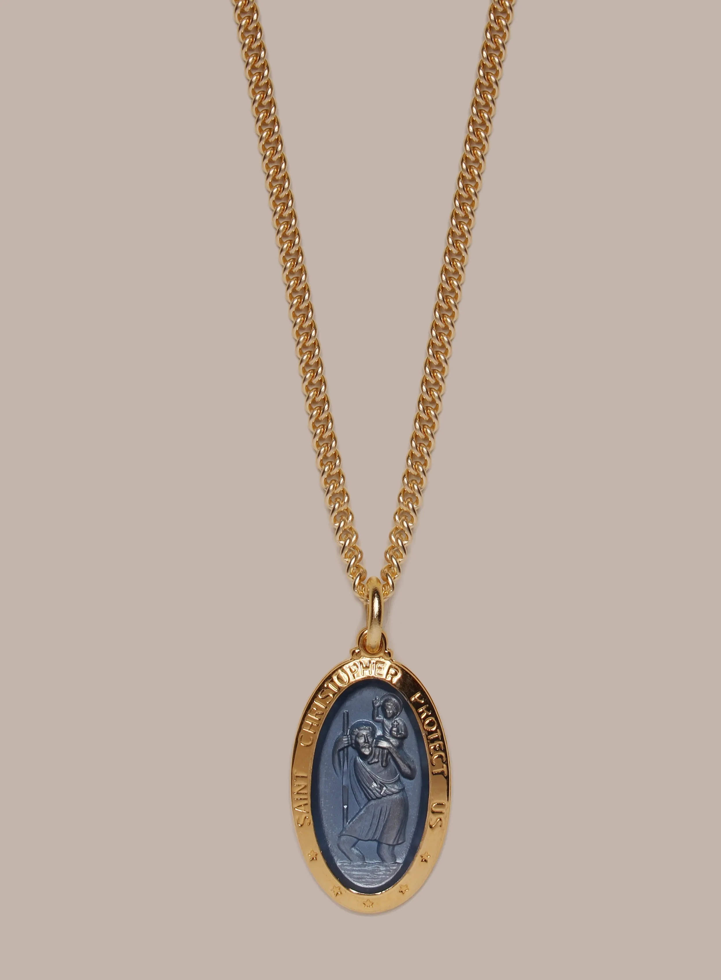 Saint Christopher Pendant with Blue Enamel on 14k Gold Filled Chain