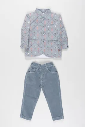 Trendy Boys Winter Jacket and Jeans Combo with Graphic Tee