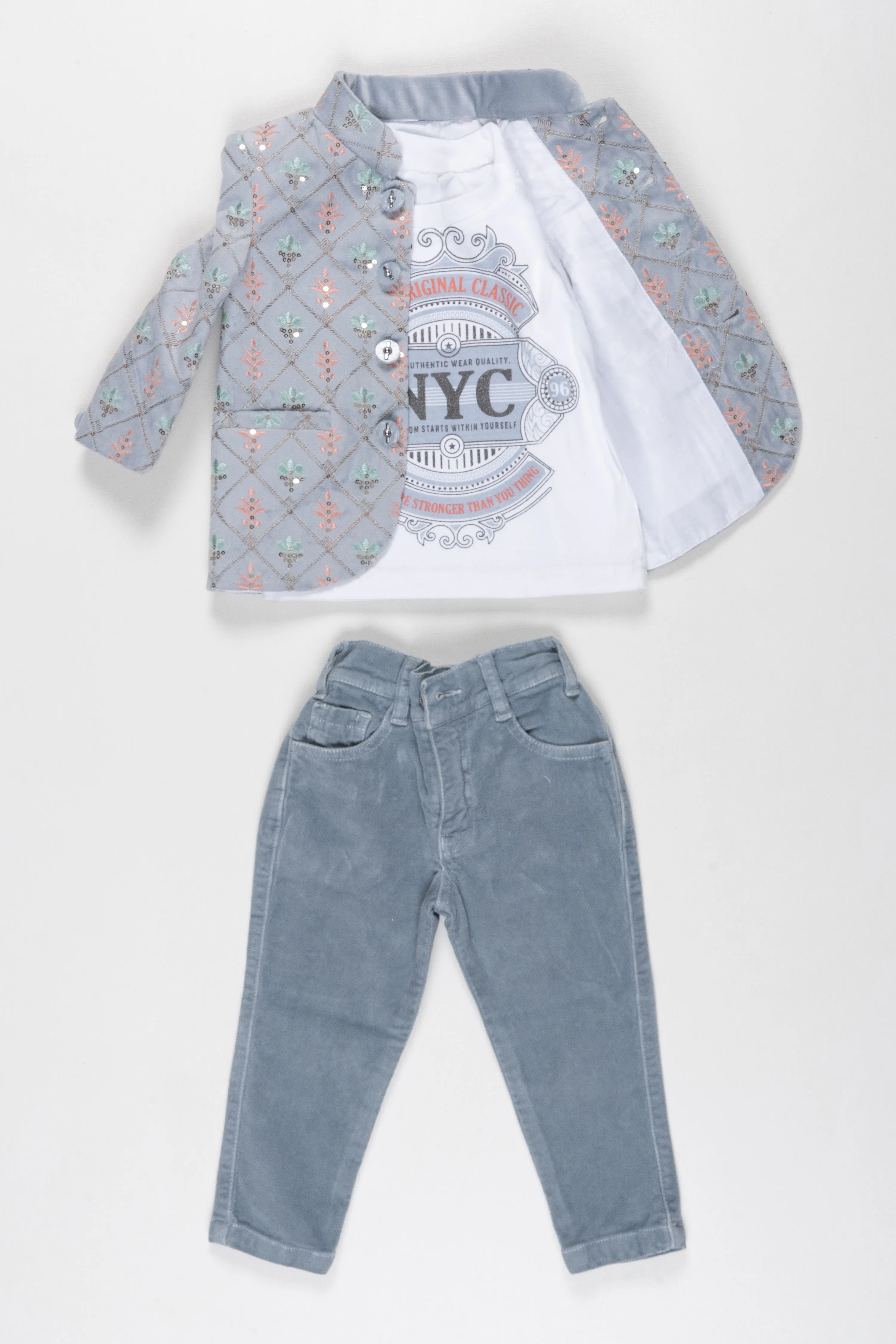 Trendy Boys Winter Jacket and Jeans Combo with Graphic Tee