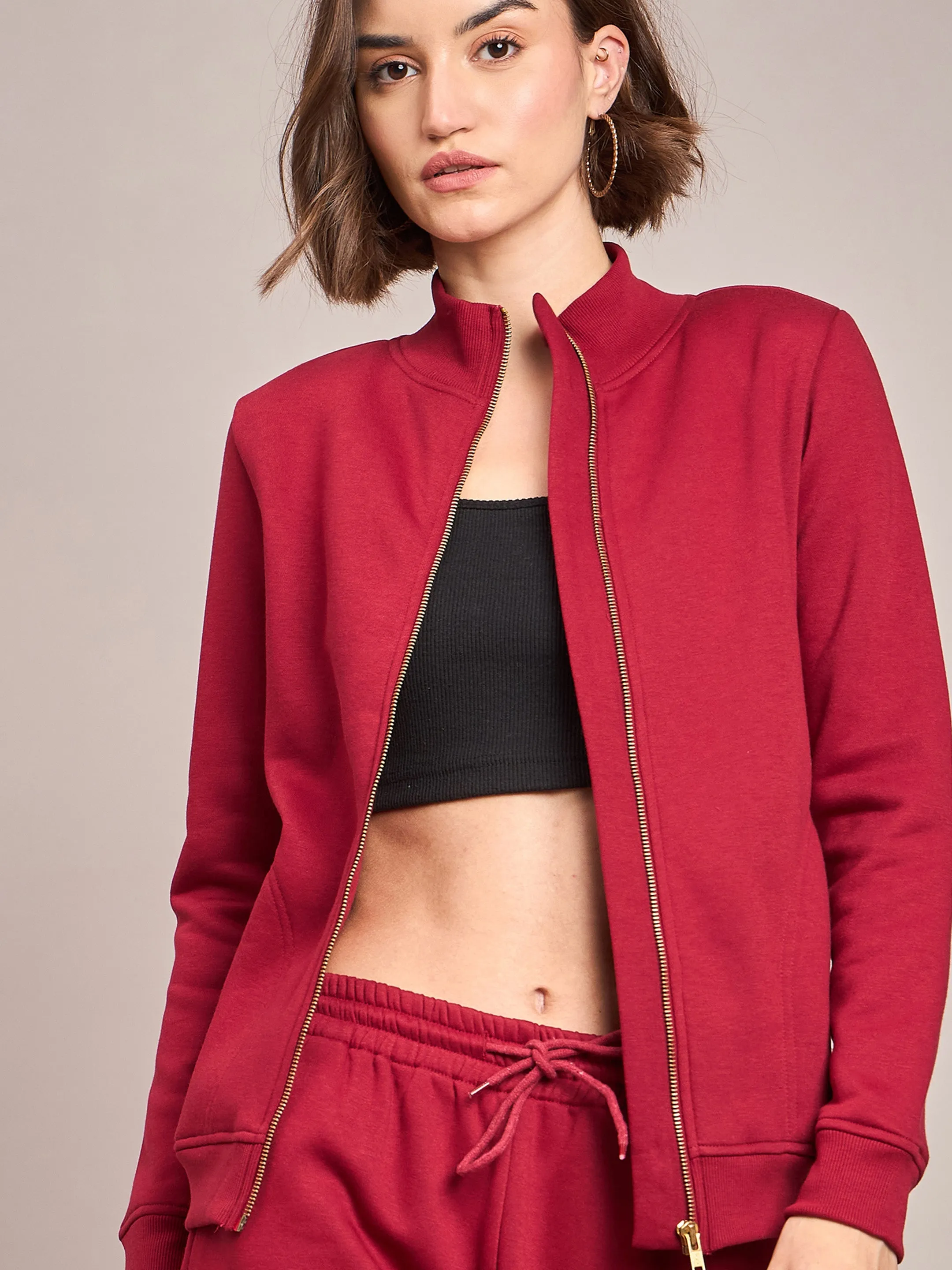 Women Maroon Fleece Zipper Jacket With Track Pant