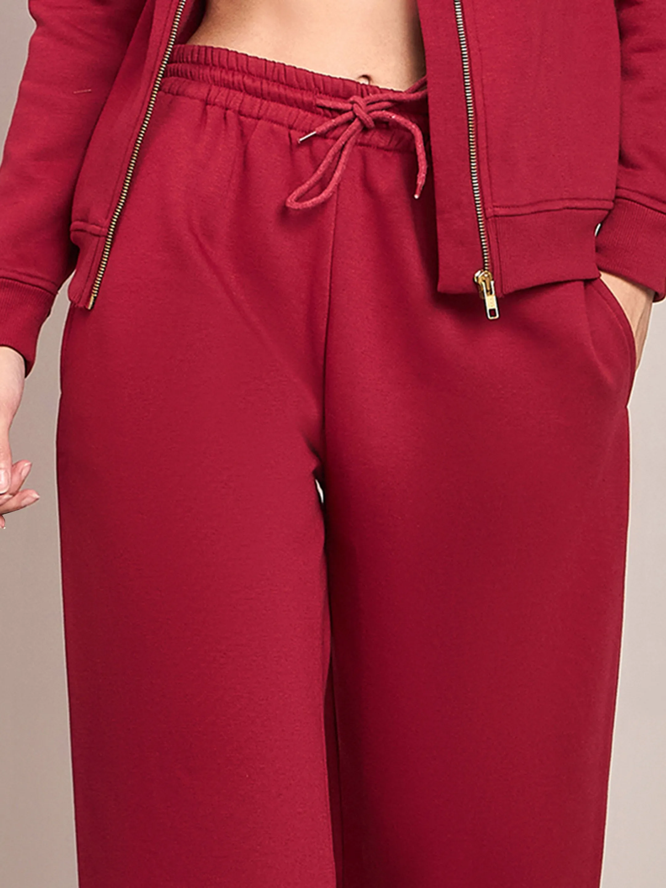 Women Maroon Fleece Zipper Jacket With Track Pant