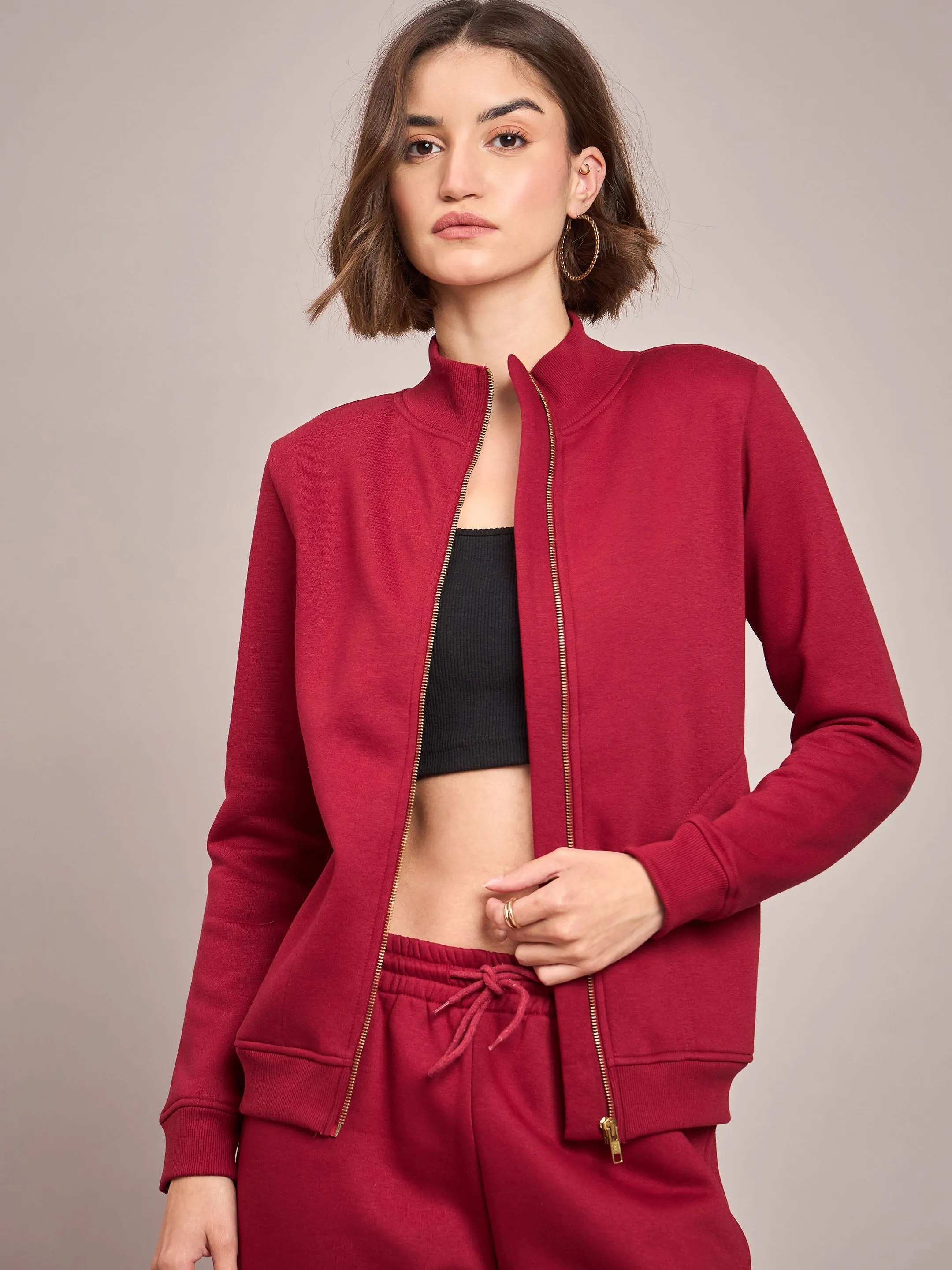 Women Maroon Fleece Zipper Jacket With Track Pant