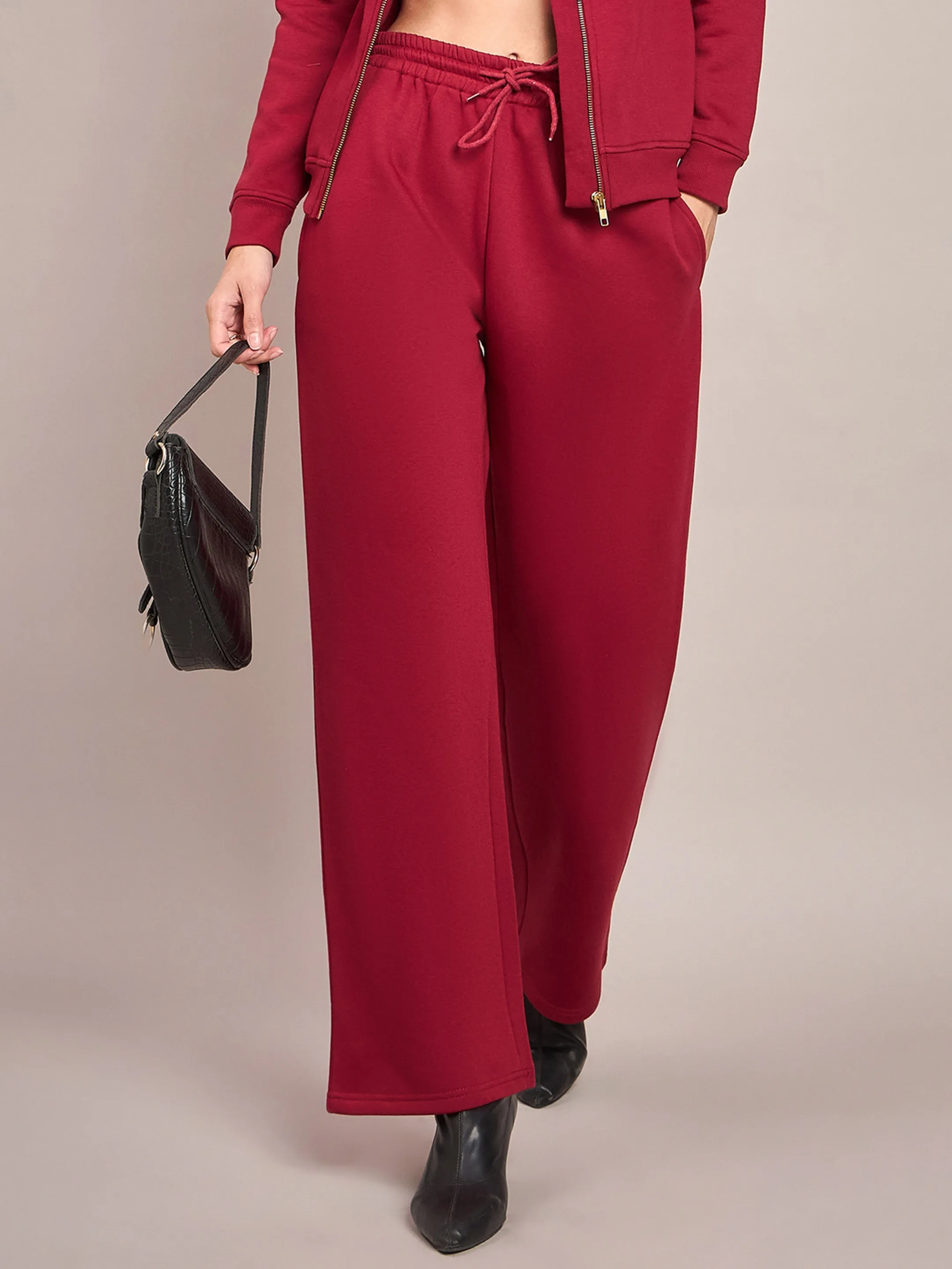 Women Maroon Fleece Zipper Jacket With Track Pant