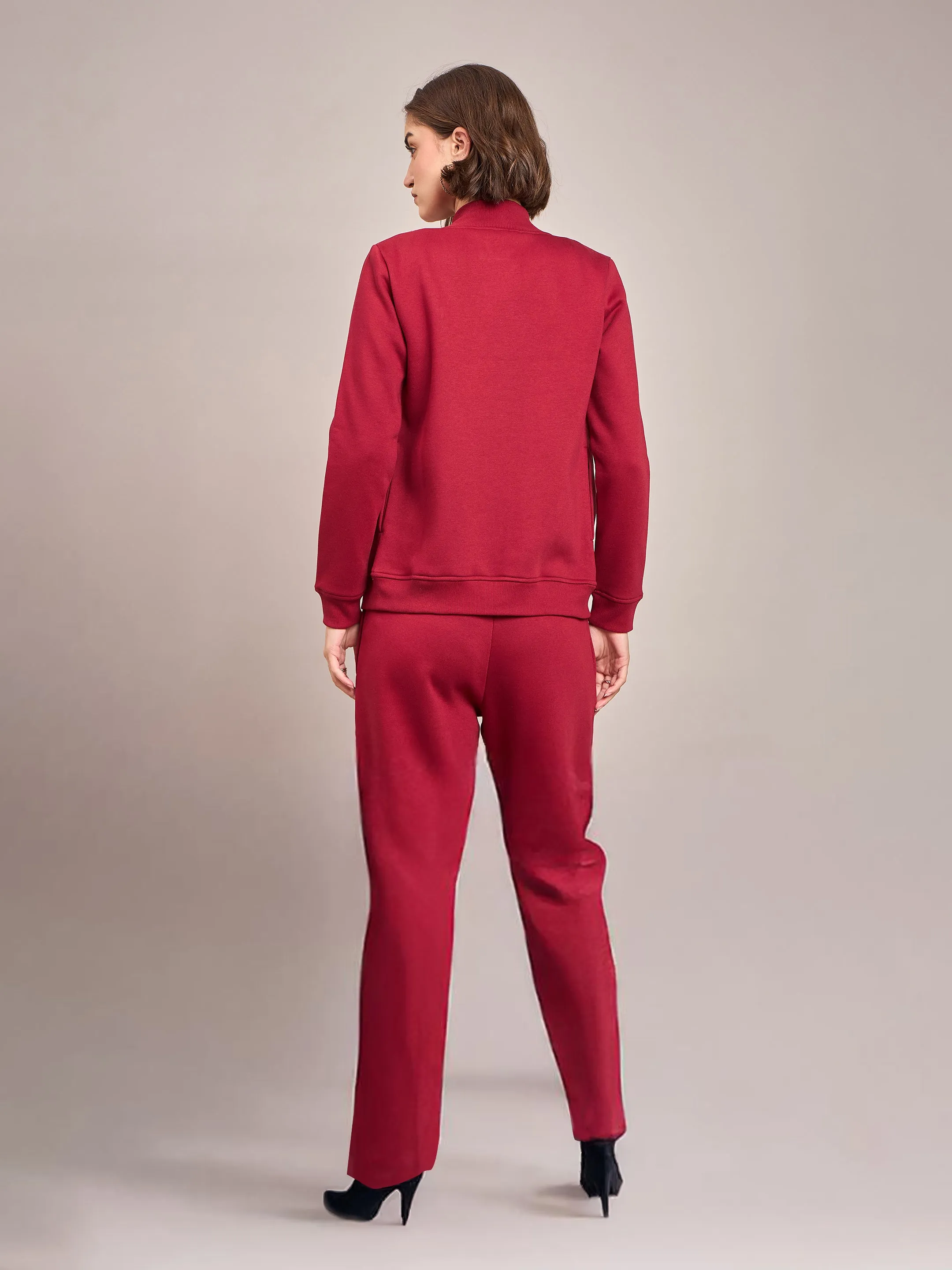 Women Maroon Fleece Zipper Jacket With Track Pant