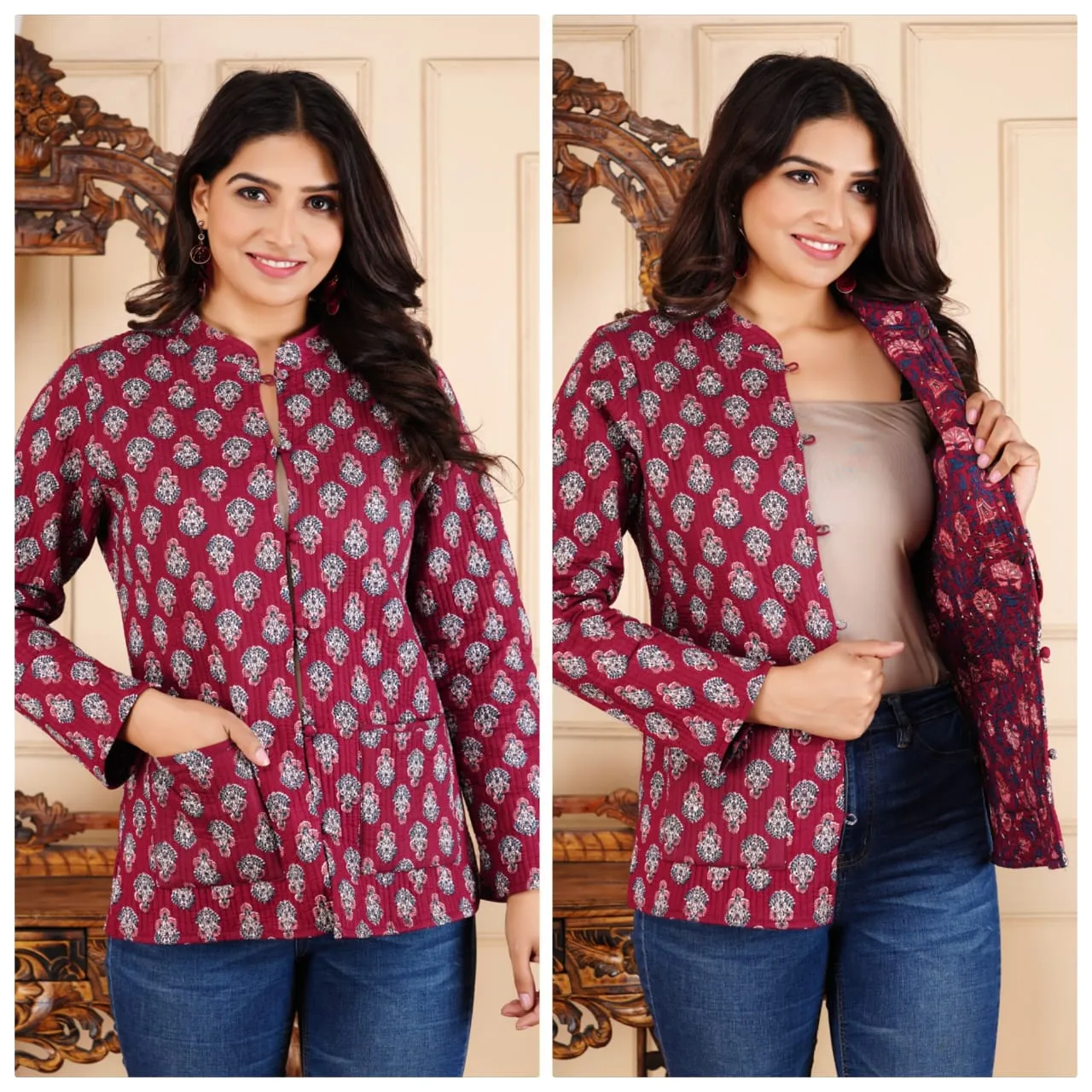 Women's Cotton Quilted Reversible Floral Jacket – Stylish & Comfortable